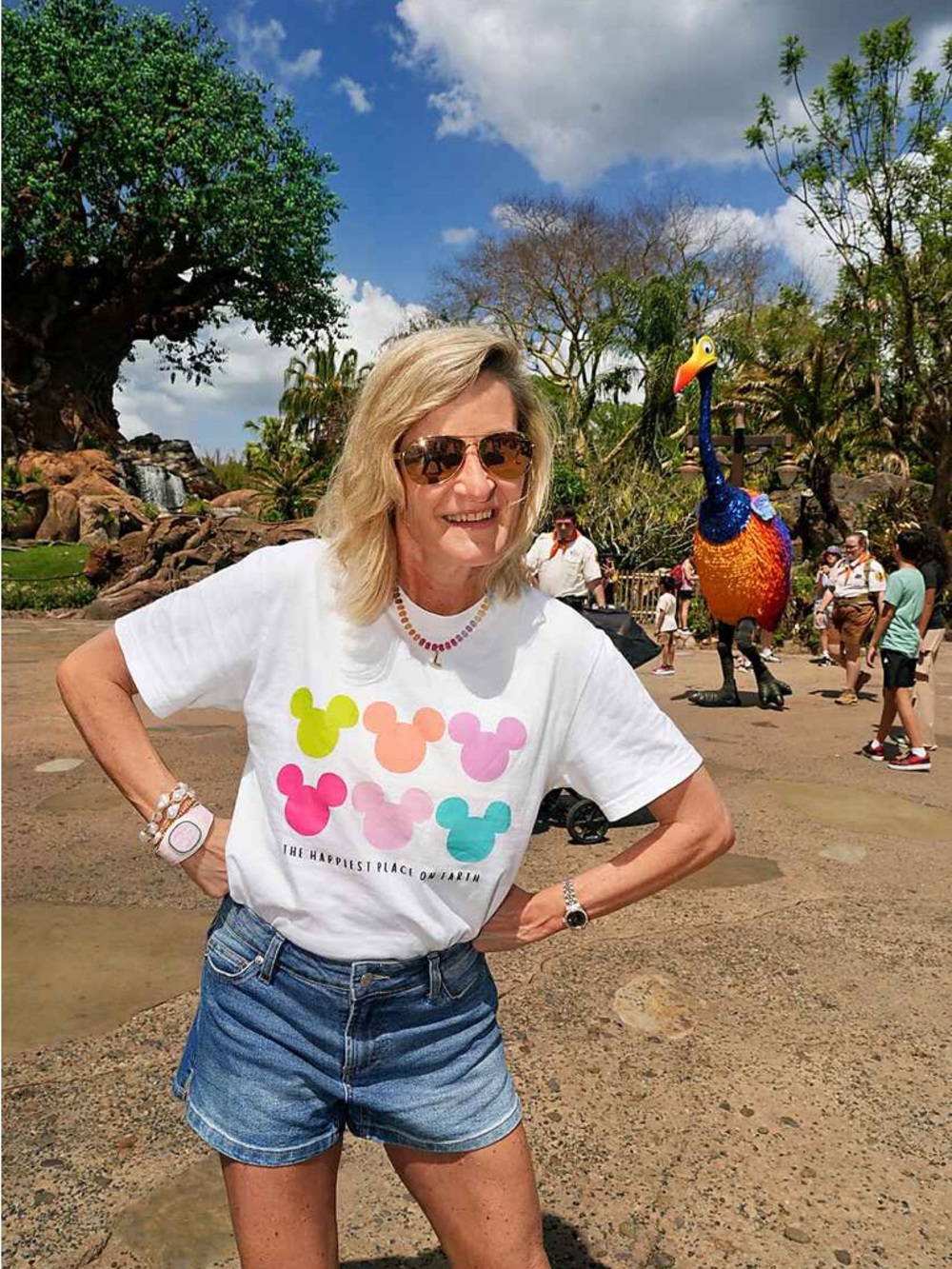 White Graphic Tee with Neon Mickey Heads Disney Happiest Place on Earth Small